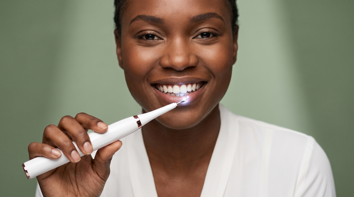Femme souriante utilisant le détartreur T4 blanc et rose-gold